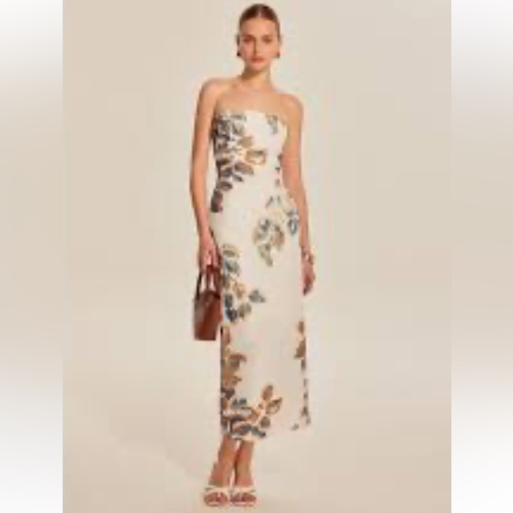 Commense Strapless Cream Dress with Blue and Brown Floral Print - Picture 2 of 8